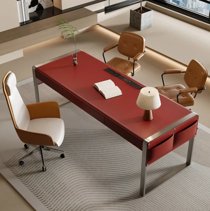 Solid Wood Office Desk With Tea Table And Side Cabinet Integrated High-end
