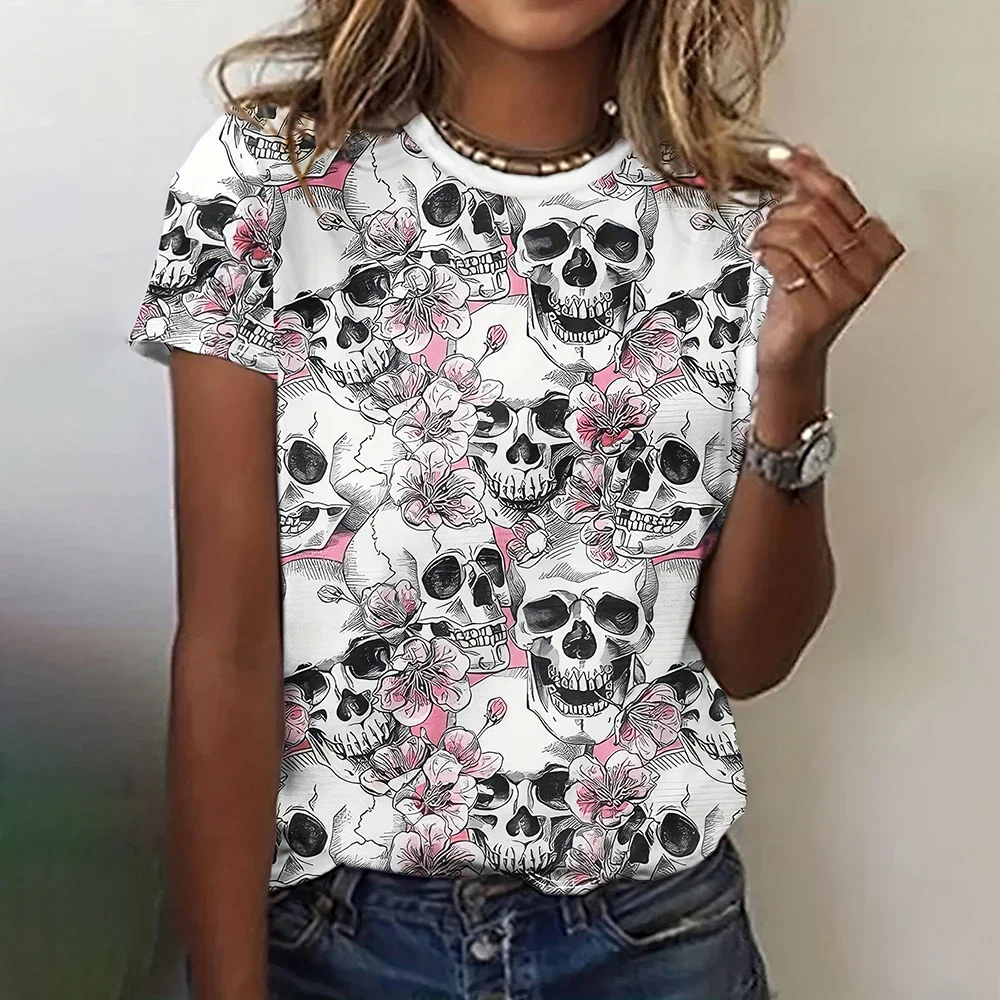 Y2k Gothic Summer Crew Neck Women T Shirt Skull Graphic 3D Printed T Shirt Streetwear Women Short Sleeve Tops T Shirts Apparel