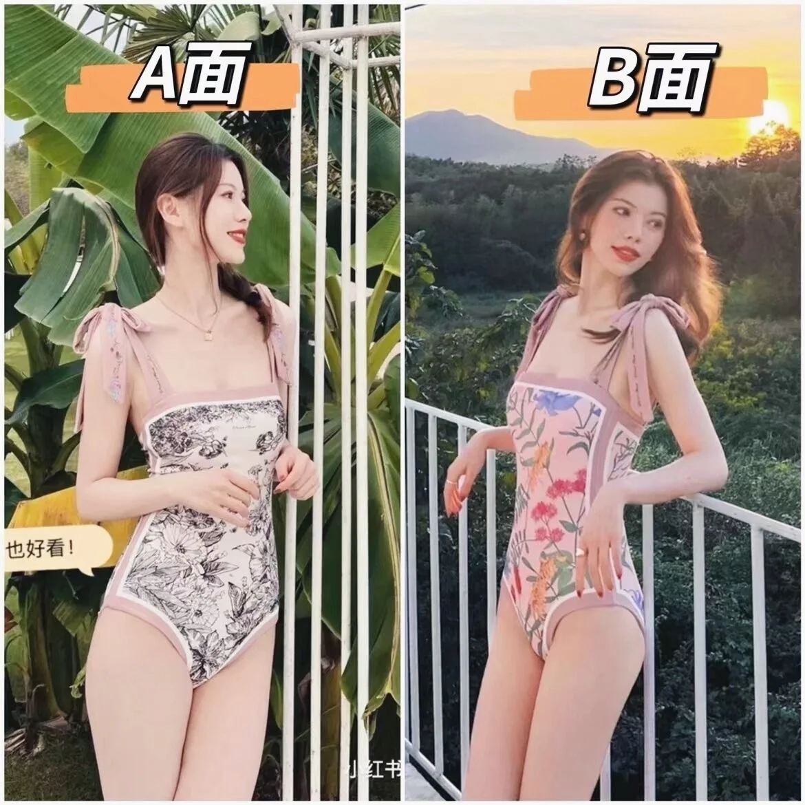 2024 Vintage bikinis Sets Double Side Printing Two Side Wearing One Pieces Swimwear Monokini French Style Swimming Bathing Suits