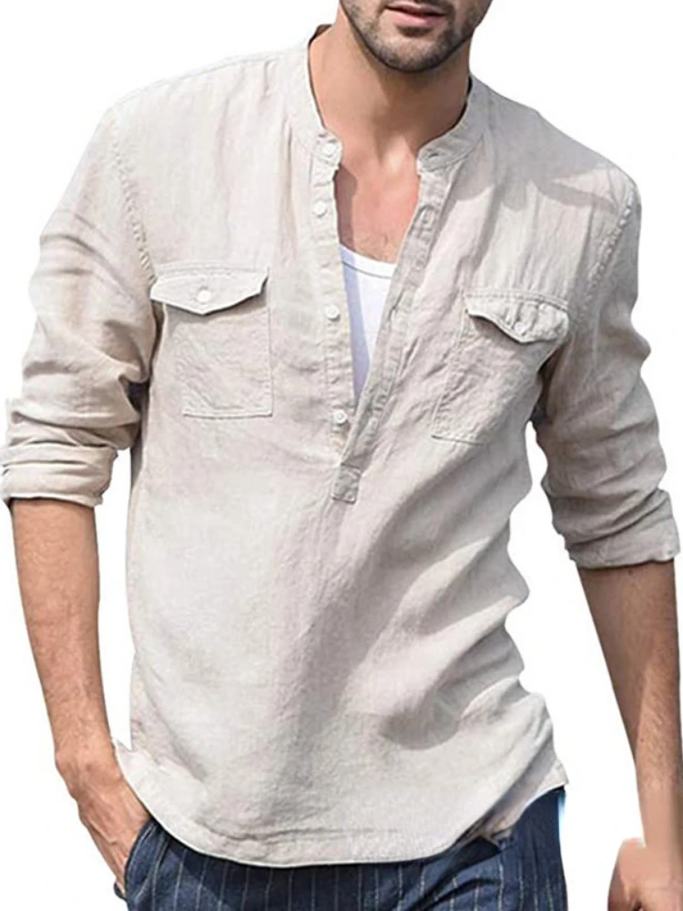 

2023 men's cotton and linen casual long-sleeved shirt pocket loose shirt