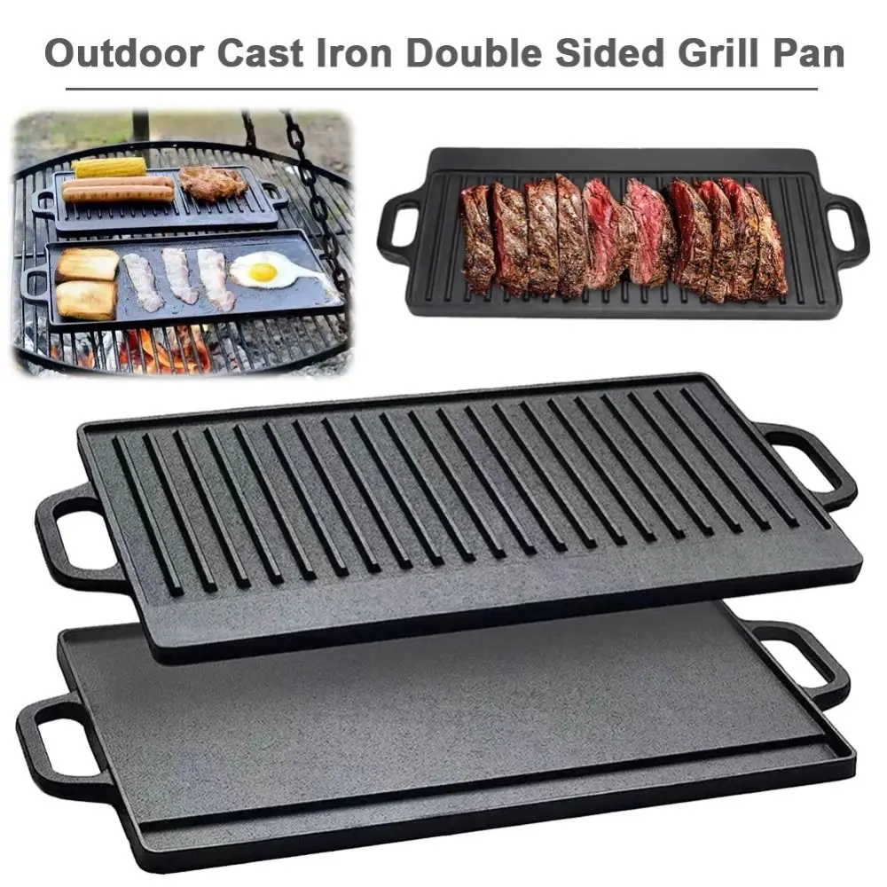 Double Sided Cast Iron Griddle Reversible Rectangular Shape BBQ Griddle Plate Durable Striped Surface Grilling Pan Camping