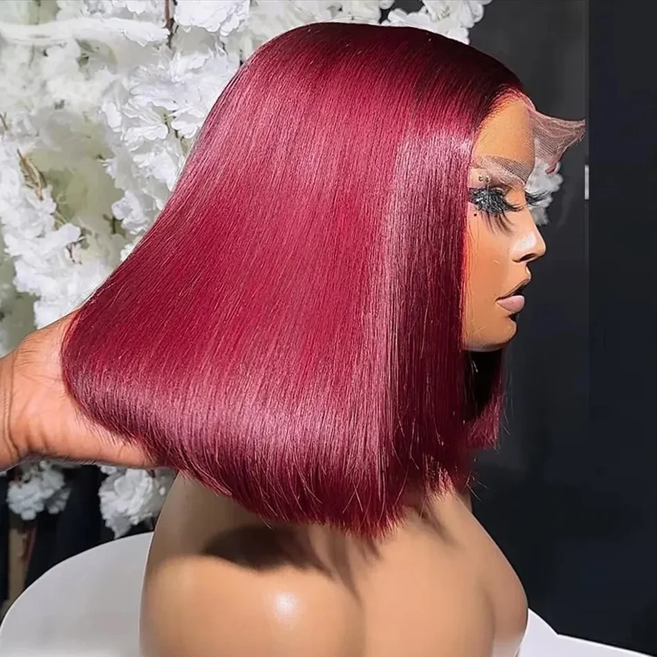 230% Red Colored 13x4 Bone Straight Short Bob Transparent Lace Frontal Wigs 100% Human Hair 99J Burgundy Lace Front Closure Wig