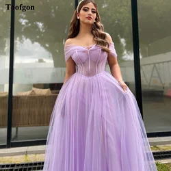 Toofgon A Line Lavender Tulle Long Prom Dresses Off The Shoulder Customized Formal Evening Party Dress Arabic Bridesmaid Gowns