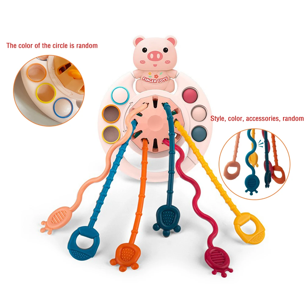 5 IN 1 Pink Pig Silicone Pull String Baby Develop Teething Montessori Sensory Educational Toy Travel Toys For Stroller