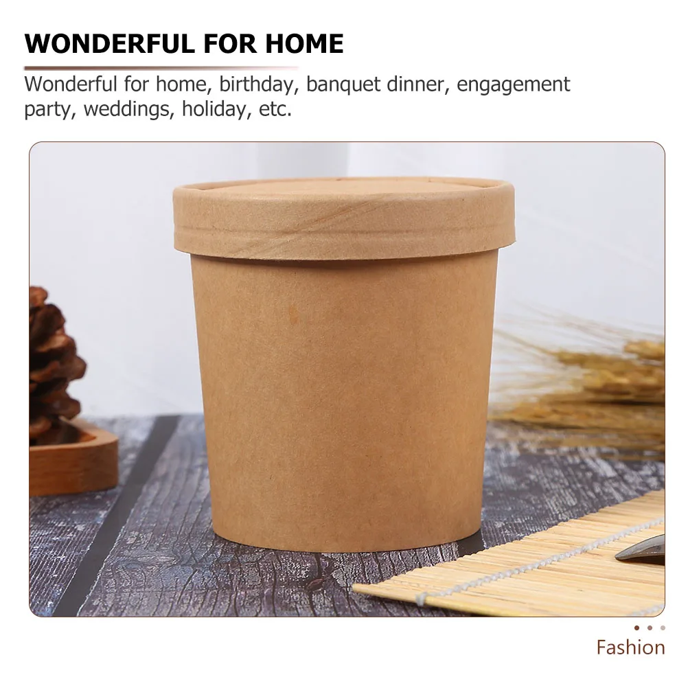 

25 set Disposable Kraft Soup Cups With Lids Waterproof Oil Proof For Ice Cream Yogurt Dessert Porridge Banquet Wedding Home Use