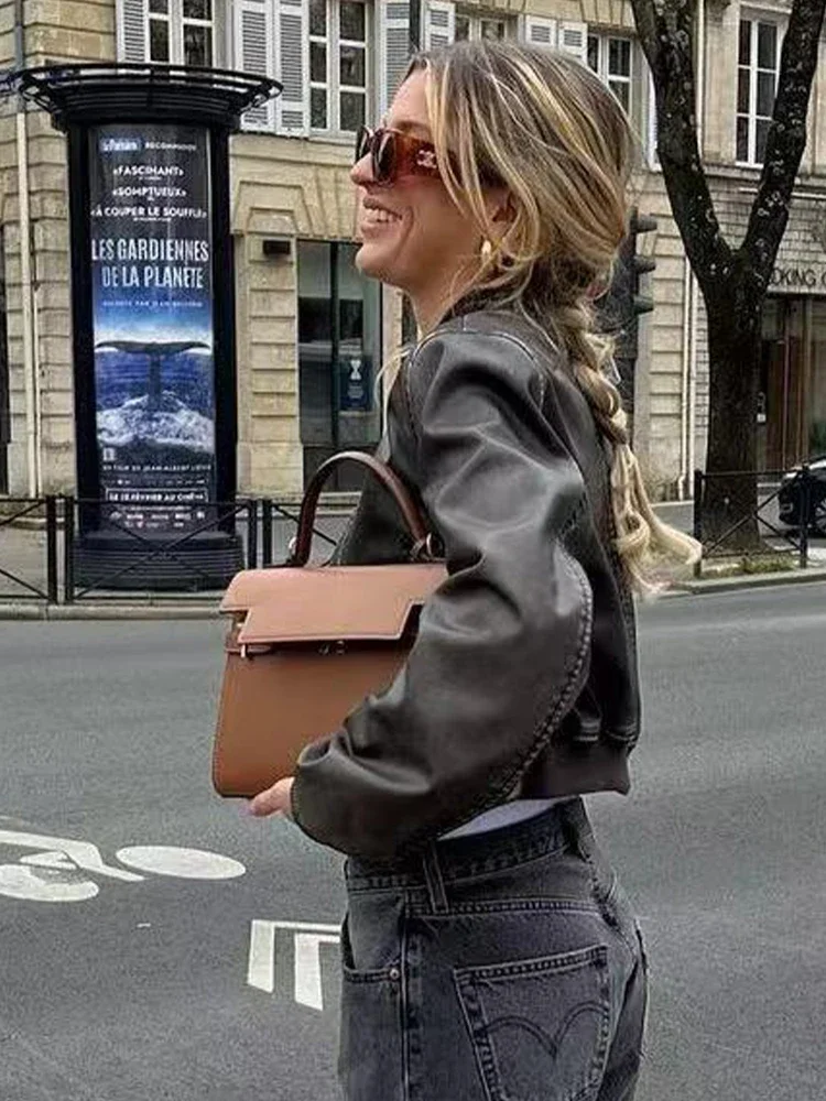 女性用ボンバージャケット,長袖,ルーズフィット,グラデーションレザー,ラウンドネック,ジッパー,機関車,ショート,ウォッシュ