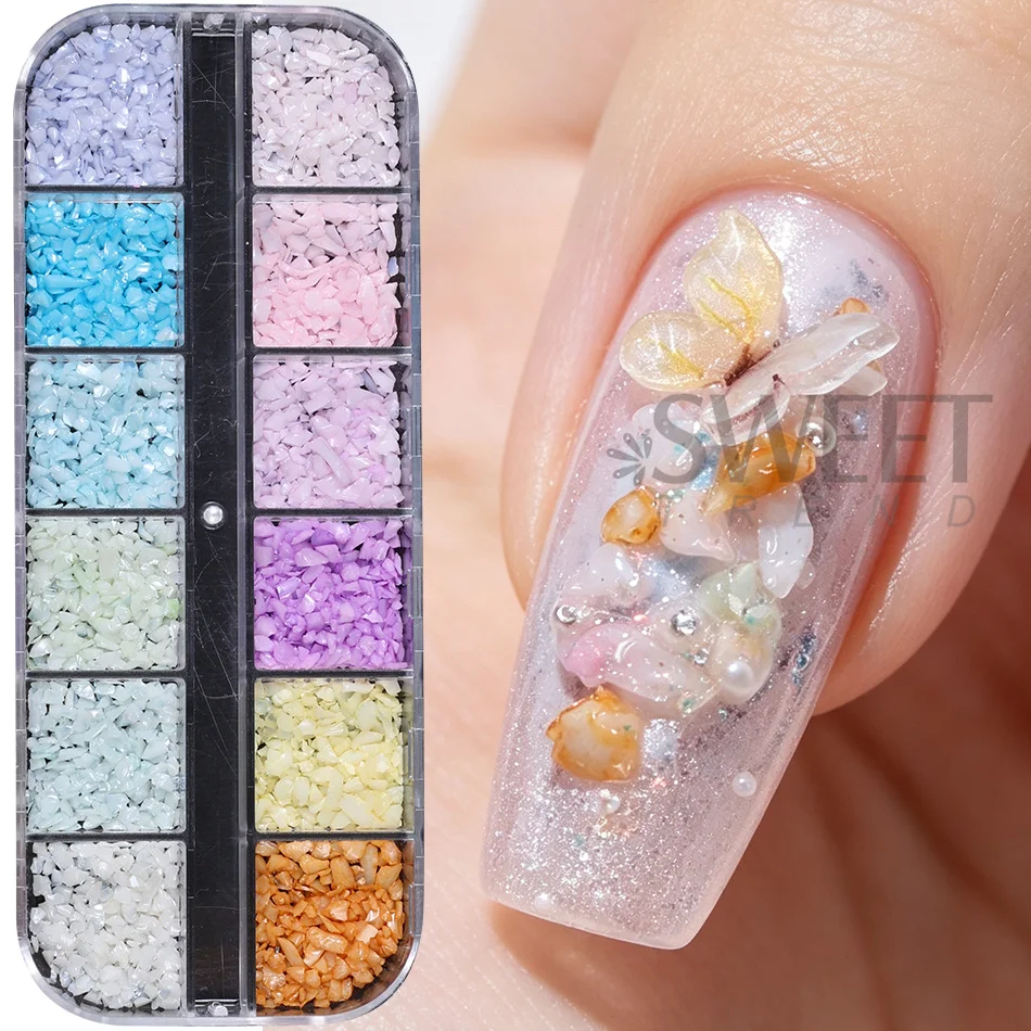 12 Grids Irregular Crushed Stone Nail Charms Macaron Color Broken Slice Fragments Flakes 3D Nail Rhinestone DIY Manicure Decor