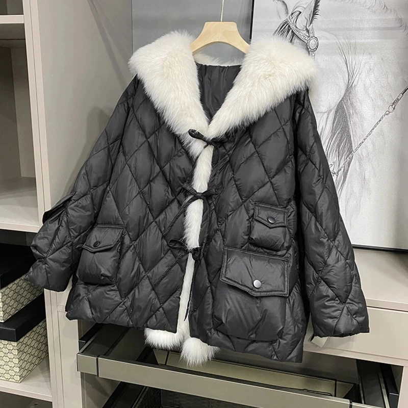 Inverno feminino para baixo casaco de algodão com capuz grande gola de pele de raposa falso longo para baixo jaqueta de algodão feminino parka nova