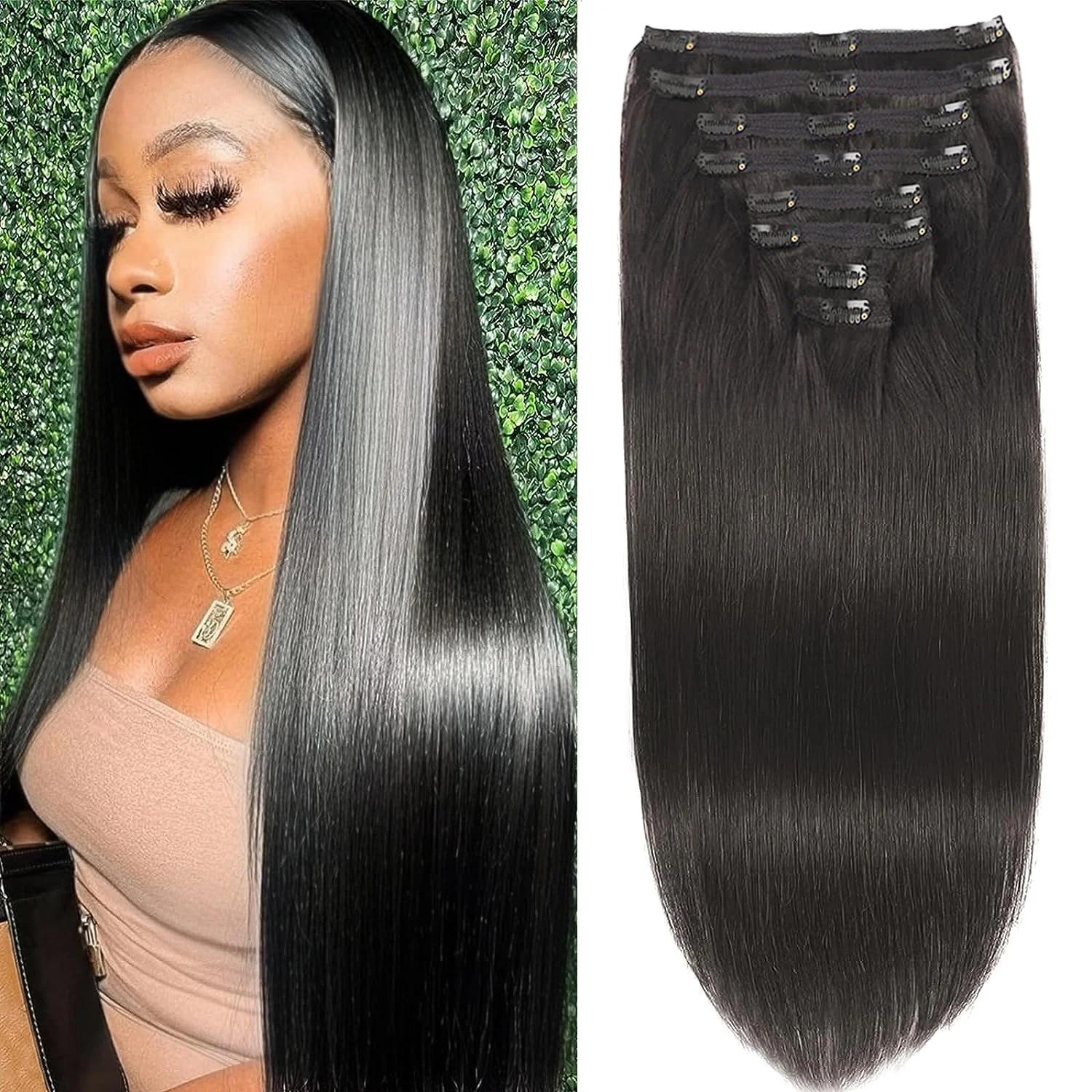 Clip droit naturel dans les extensions de cheveux 100% vrais extensions de cheveux humains couleur de 12-26 pouces # 1B noir 120g pour salon de haute qualité