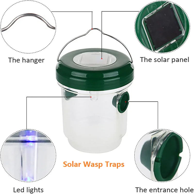 Wasp Traps Solar Powered Wasp Trap Waterproof Outdoor Hanging Non-Toxic Bee Catcher Hornet Traps Reusable Insect Control Tools