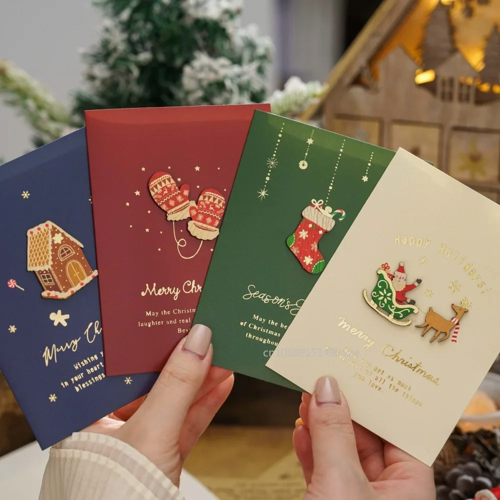 Merry Christmas Fold Small Greeting Cards with Envelopes Xmas Postcard Navidad New Year 2025 DIY Gift Card Decoration Noel