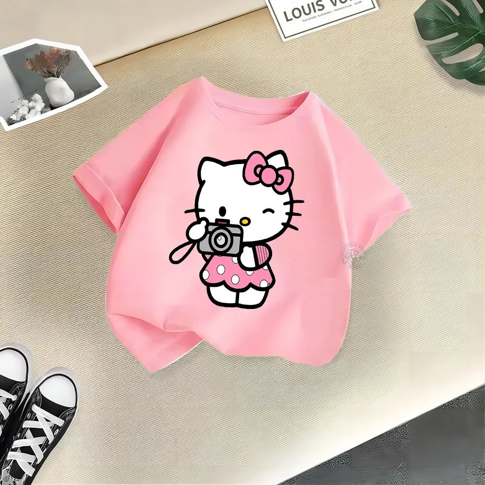 

Детская летняя одежда Sanrio с рисунком Hello Kitty, необычная Женская хлопковая футболка, повседневный Топ, хлопковая футболка, топ