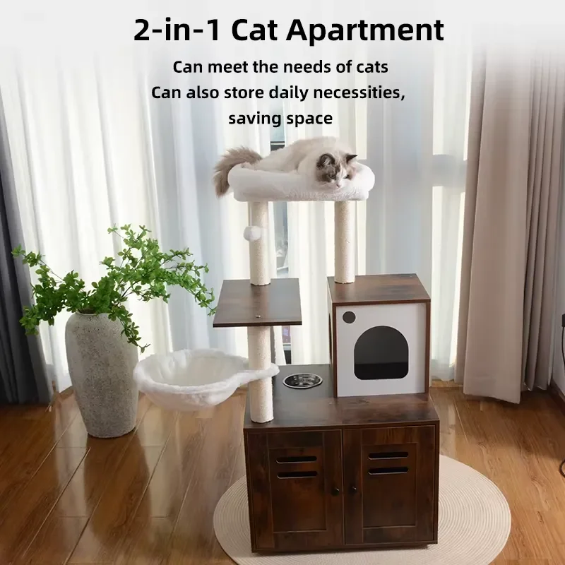 Wooden Indoor Pet Furniture Multiple Platforms Cat Tree Tower with Hidden Cabinet Cat Washroom Box Enclosure