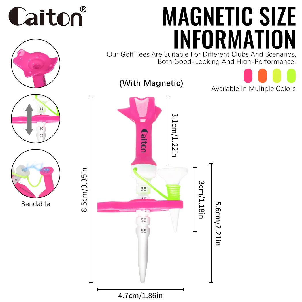 Caiton 85mm/3.35in Adjustable Magnetic Golf Tee | Dual Marked, Multi-Color Durable | Reusable Golf Accessory for All Golfers