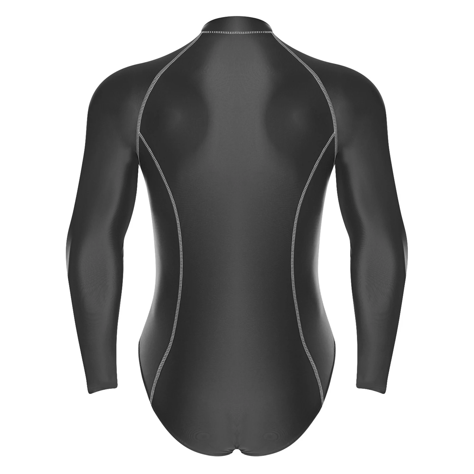 Herren-Badeanzug mit Glanzoptik, Rash Guard Schwimmanzug mit Langen Ärmeln, Frontreißverschluss, Hochgeschnittener Leotard-Jumpsuit für Surfen und Schwimmen – Detail 12