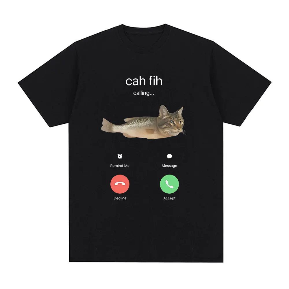 Cah Fih Meme T-Shirt Funny Calling Cat Fish Hybrid Meme T Shirt Absurd Humor Internet Culture Gift Viral Family T-shirts 2026