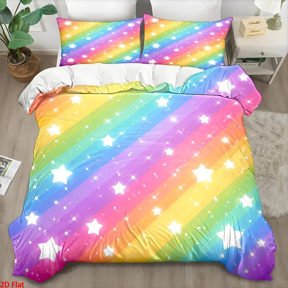 3Pc Rainbow Star Print Duvet Cover Set, Three-Piece Bedding Set (1*Duvet Cover + 2*Pillowcases), Suitable for All Seasons, Machine Washable, Invisible Zipper Design, Large Double Bed Cover Set, Suitable for Home, Dorm, Master Bedroom, Guest Room, Fresh and Dreamy Style Bedding, Hot-Selling Skin-Friendly Brushed Bedding, Ins-Style Rainbow Striped Star Duvet Cover, Soft and Comfortable Bedroom Bedding Set, Colorful and Playful Bedding, Easy to Clean and Durable Bedding, Ins-Style Rainbow Striped Star Duvet Cover, Soft and Comfortable Bedroom Bedding Set, Colorful and Playful Bedding, Easy to Clean and Durable Bedding