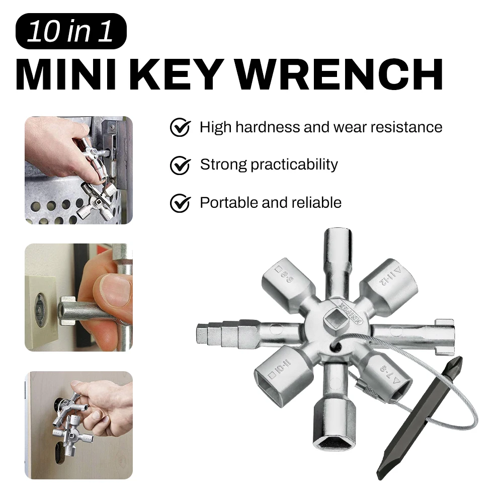 10 in 1 Multifunction Cross Switch Square Key Wrench Alloy Universal Triangle For Elevator Electrical Cupboard Box Train Cabinet
