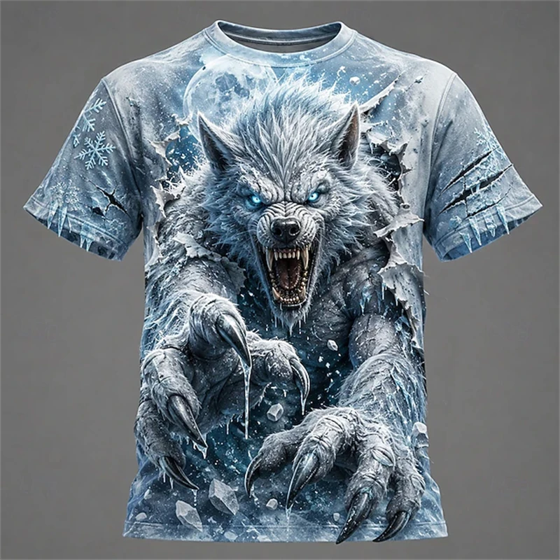 Funny Wolf Pattern Men's T-shirts Fashion Halloween Dress Up Short Sleeve Tees Casual O-neck Loose Street Tops Hip Hop Clothing