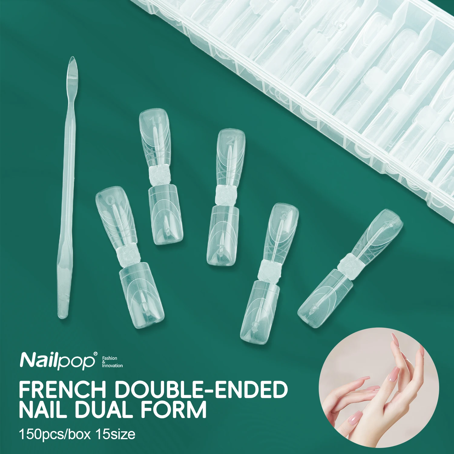 

Nailpop 150 шт. двойные формы для ногтей, квадратные формы для гроба, многоразовые формы для наращивания гель-строителя, 15 размеров, двусторонние Pro Salon Nail Art