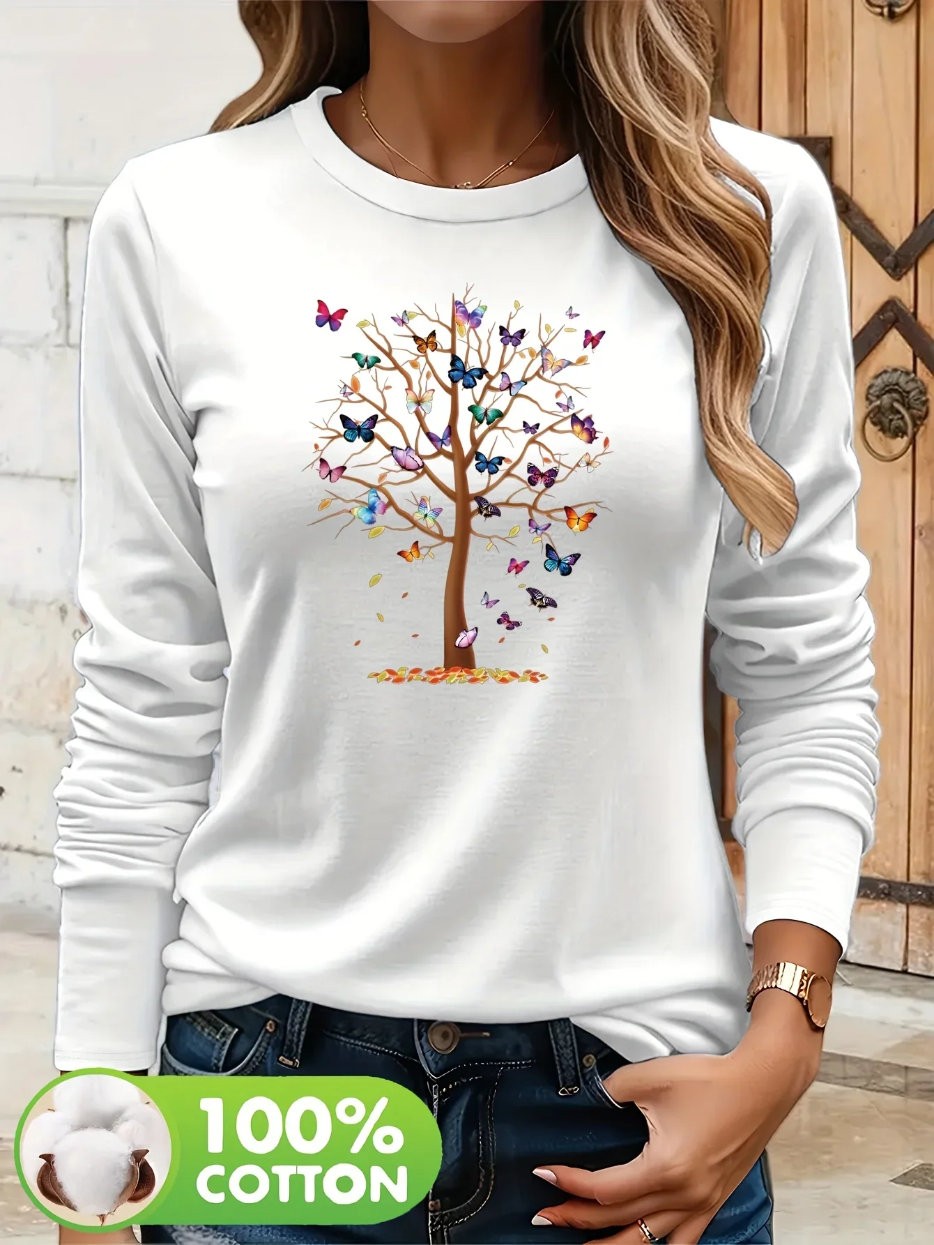 Modisches Damen-T-Shirt aus 100 % Baumwolle, langärmelig, mit farbenfrohem Schmetterlings- und Baumdruck, ideal für Herbst und Winter, lässige Freizeitkleidung, T-Shirt, Oberteil. – Detail 2
