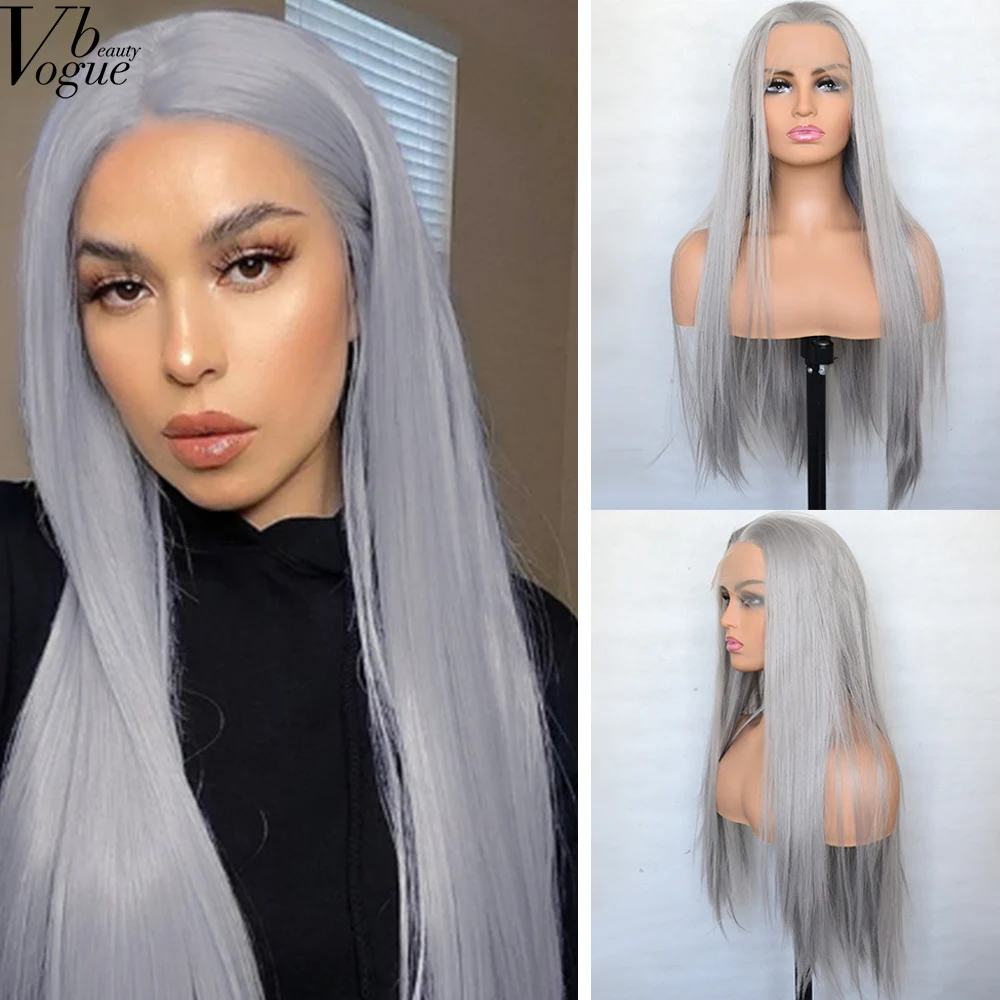 

Voguebeauty серебристо-серый синтетический кружевной передний прямой парик термостойкое волокно косплей парик для женщин