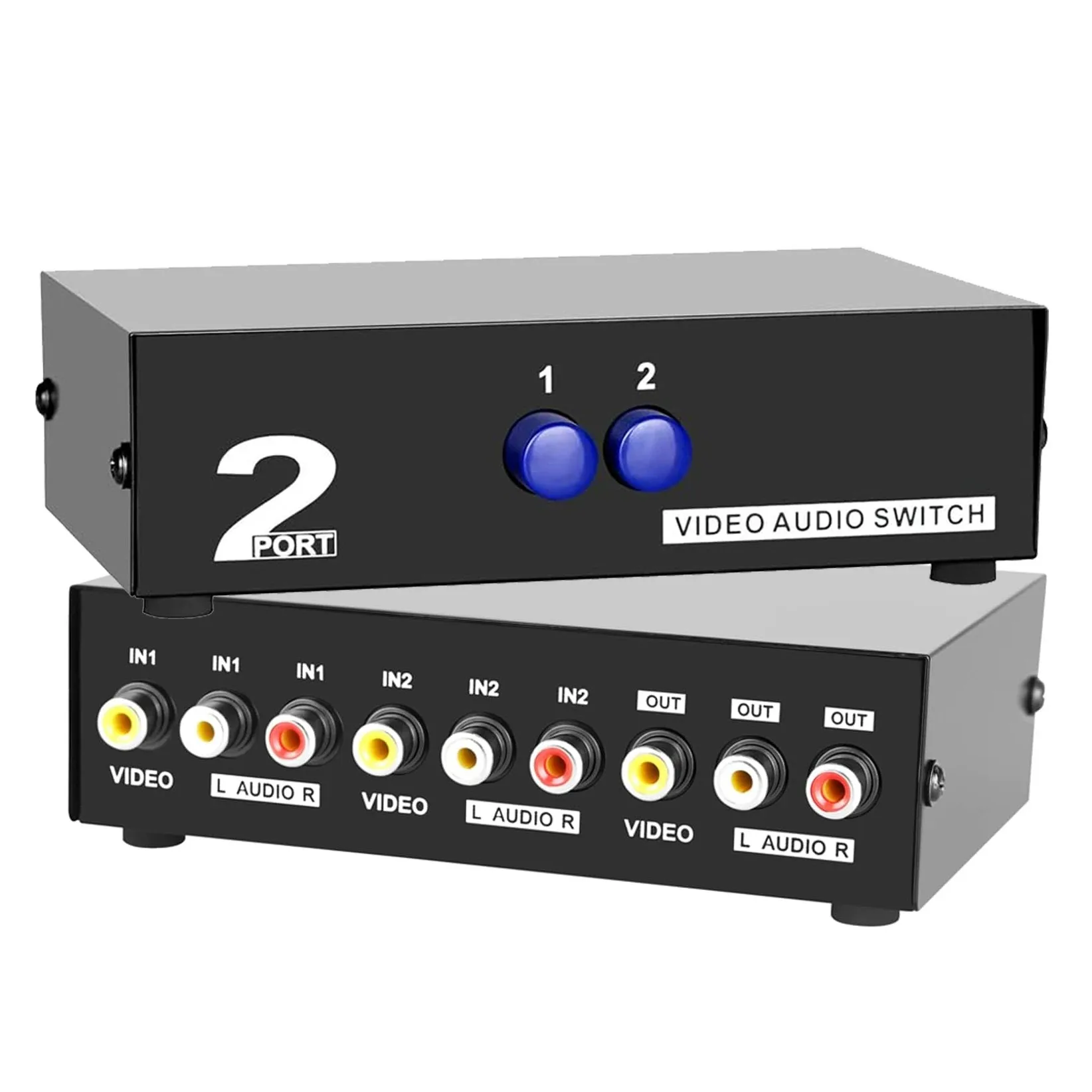 2-Port AV RCA Switch 2-in 1-Out Composite Video Audio Switcher Selector Box for TV DVD Player, Sega Genesis/SNES/N64 PS2 Game