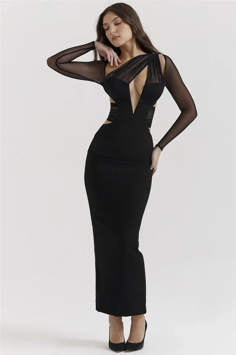 Neues elegantes ausgehöhltes figur betontes sexy Maxi kleid für Damenmode Mesh schiere Ärmel Club Party Druck langes Kleid csm7jy23718