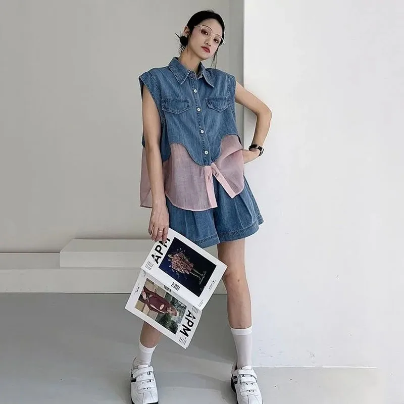 

Fashion Denim Set Women 2024 Summer New Fake Two Piece Panel Sleeveless Shirt Top Wide Leg Shorts Two Piece Set Women Outfits