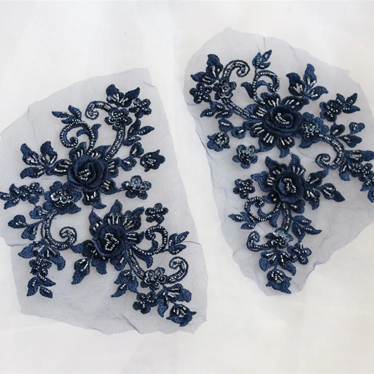 1Pair Multicolor DIY Handmade Beaded Mirror Lace Flower Applique.Patch.Wedding Dress Accessories Lace Mending Clothes 23*14CM