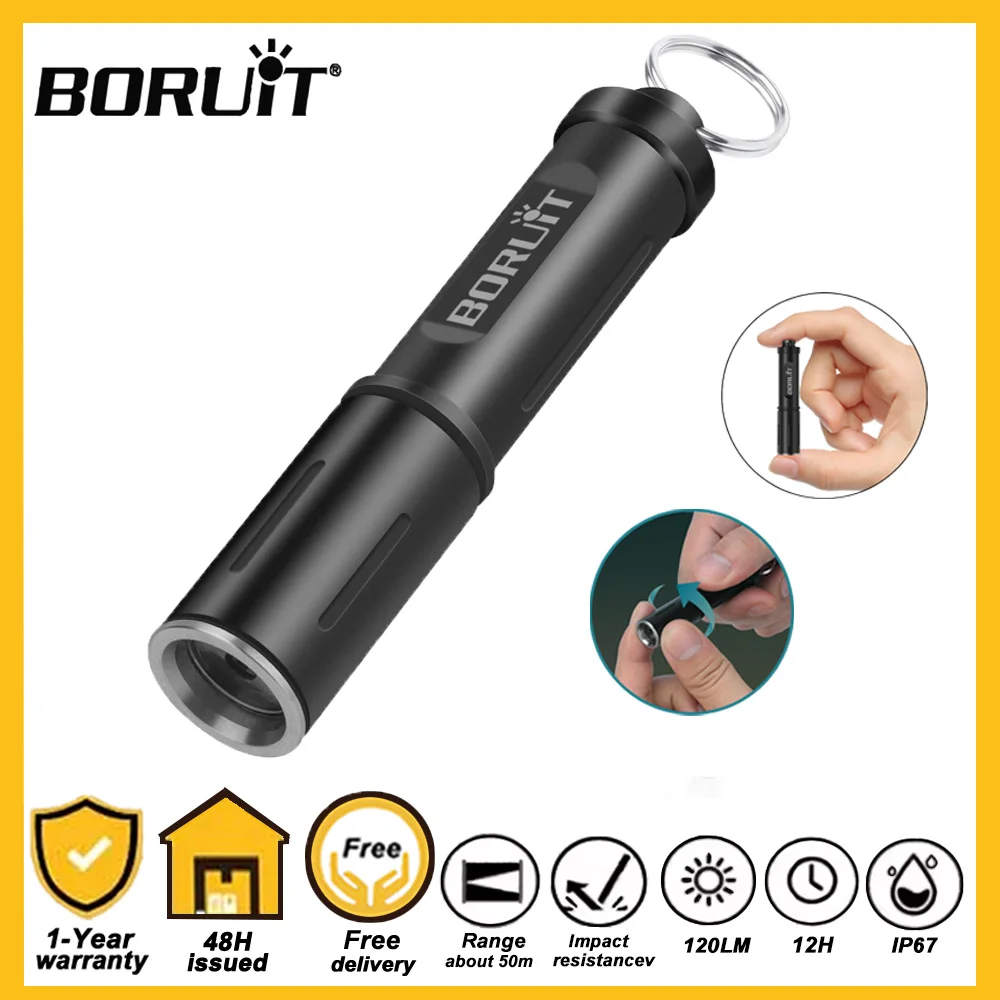 BORUiT LED Portable Flashlight Mini Keychain Torch Light Waterproof Camping Fishing Lantern Rotary Switch AAA Battery Torch Lamp