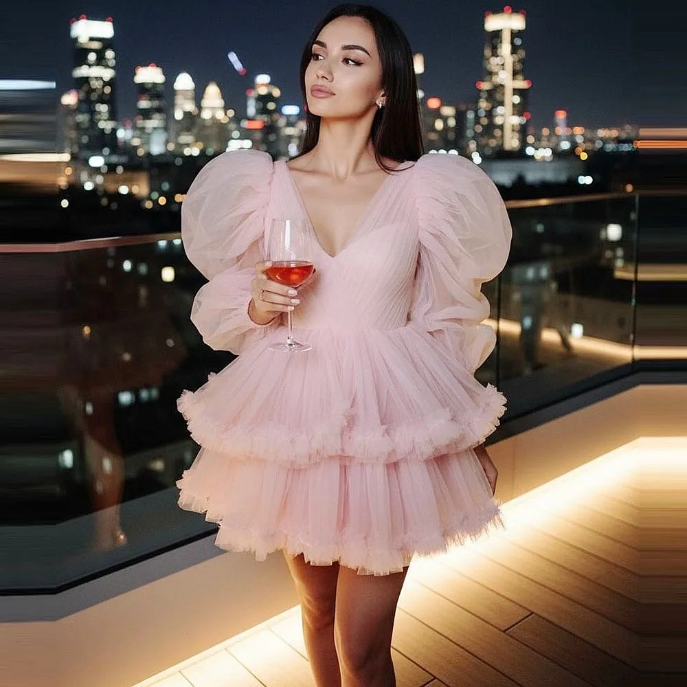 Saia de aniversário de tule rosa claro, decote em v, mangas compridas inchadas, malha em camadas, vestido de festa de feriado para meninas, feito sob encomenda