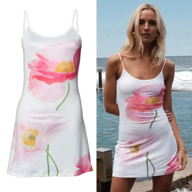 

BadTooth Floral Print Camisole Dress Women Summer 2024 Sexy Beach Vacation Style Backless Fresh Wrap Buttock A-line Fitted Skirt