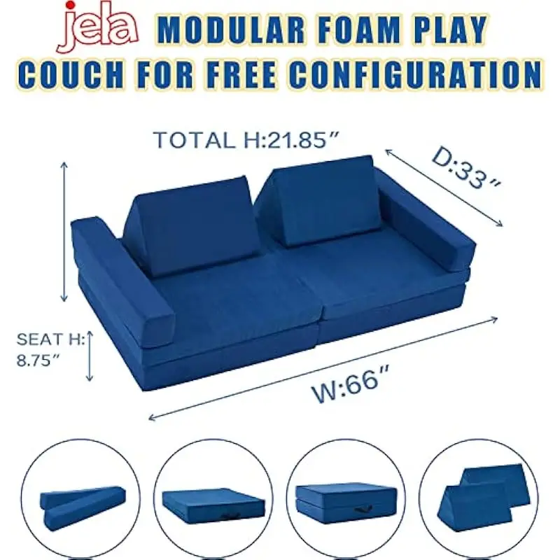 Kids Floor Sofa Set 8 Modular Pieces Navy Blue – Creative Play Couch for Toddlers & Adults – Soft Non Toxic Foam Construction –
