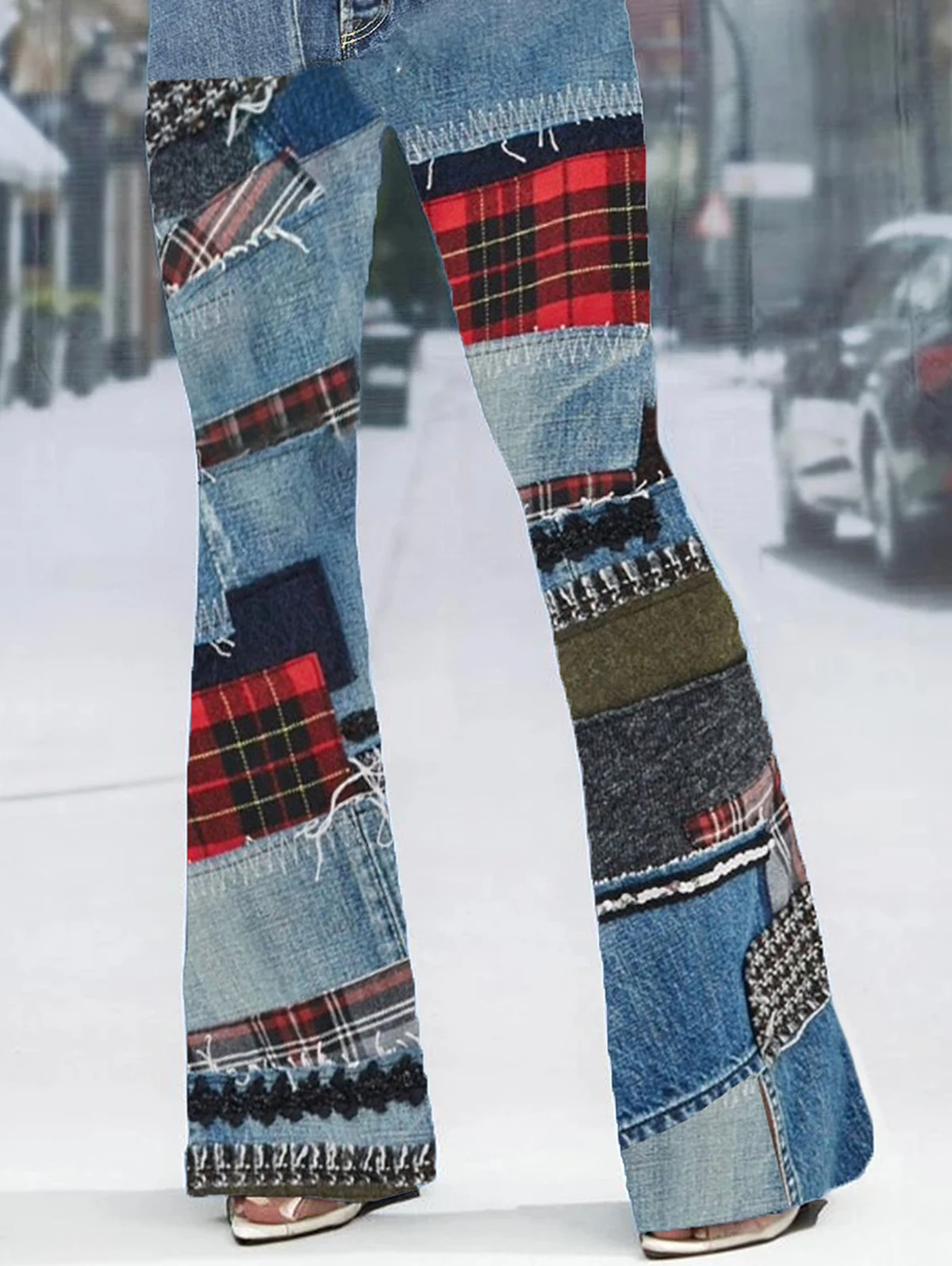 Y2k High Waisted Flare Pants Wide Leg Women Trousers Elastic Casual Streetwear Plaid Patchwork Sweatpants Bottoms