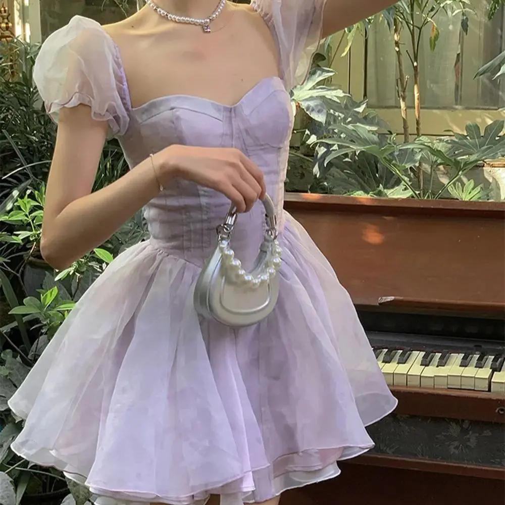 

Mini Dress Puff Sleeves Purple Sweet Elegent Party Women Vintage French Fairy Dress Female Chiffon Korea Sexy Dress Summer 2024