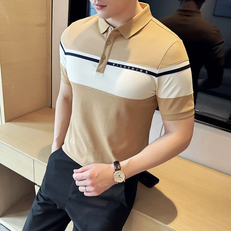 2024 Korean Contrasting POLO Shirt for Men Short Sleeve Slim Fit T-shirts Versatile Business Casual Lapel Tee Tops Men Clothing