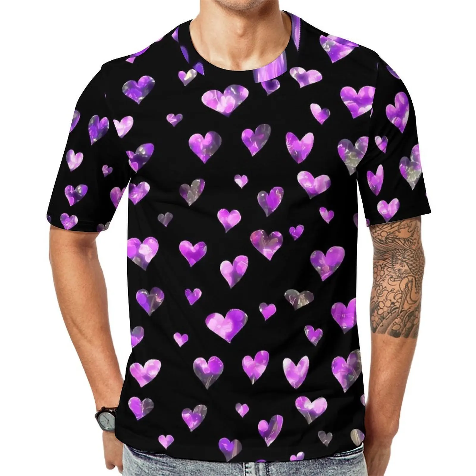 Summer T Shirt Floating Purple Hearts T-Shirts  Basic Popular Tee Shirt For Man Short-Sleeved Printed Oversized Clothes