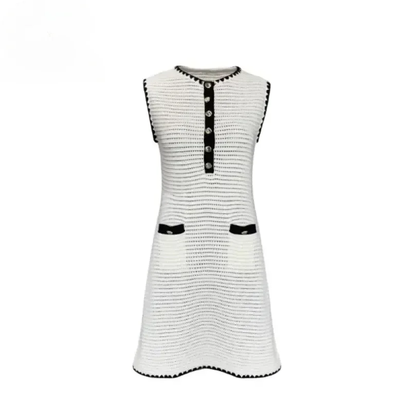 Women's White Knit Sleeveless Dress Pocket Embellished Round Neck Mini Dresses