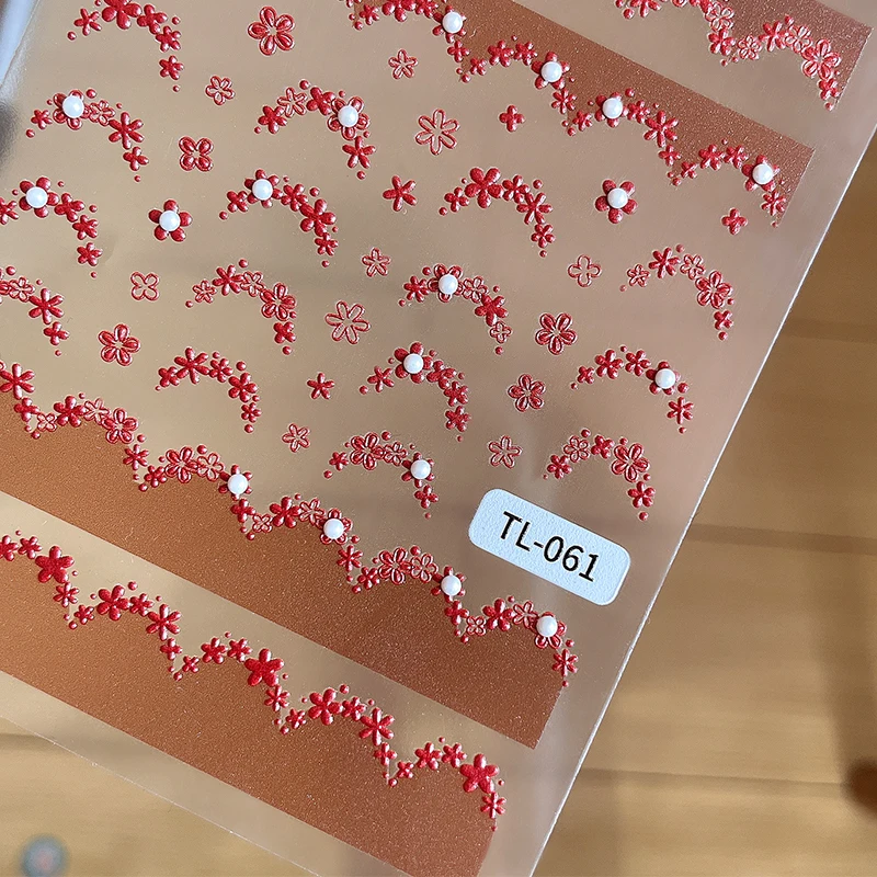 5D 플로럴 프렌치 네일 아트 스티커 초박형 슬라이더 장식 데칼 꽃 진주 셀프 접착 DIY 매니큐어 여성용