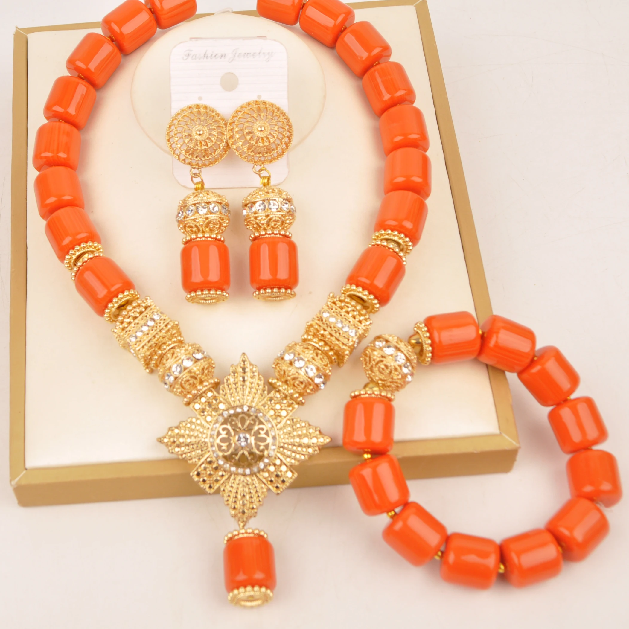 Orange Artificial Coral Bead Necklace Bracelet Earrings African Jewelry Sets