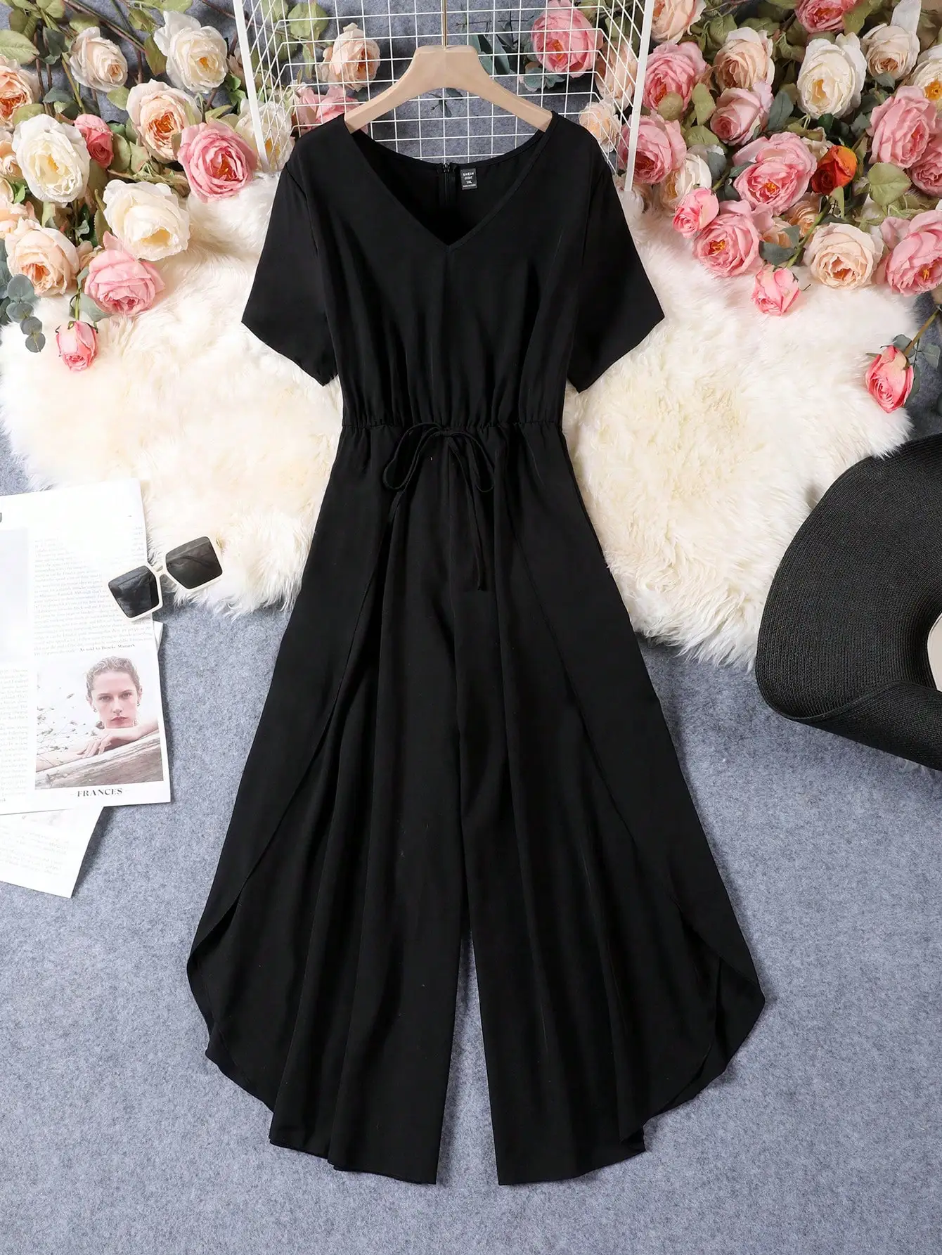 Mono negro de talla grande para mujer, informal, con cuello en V, manga corta, cintura con cordón, pantalón palazzo elegante de cintura alta