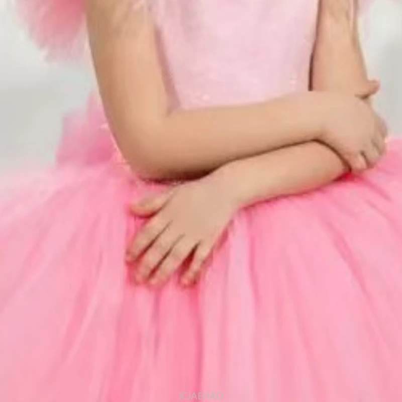 

Party Dress Children European Pink Sleeveless Flower Girl DressesTutu Gown Kids Wedding Outfit with Train Birthday Pageant Host
