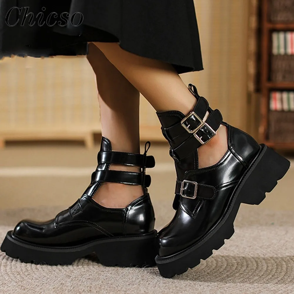 Boots Woman 2024 Trend New Hollow Out Buckle Ladies Round Toe Punk Style Sandals 34-43 Large-Sized Female Locomotive Boots