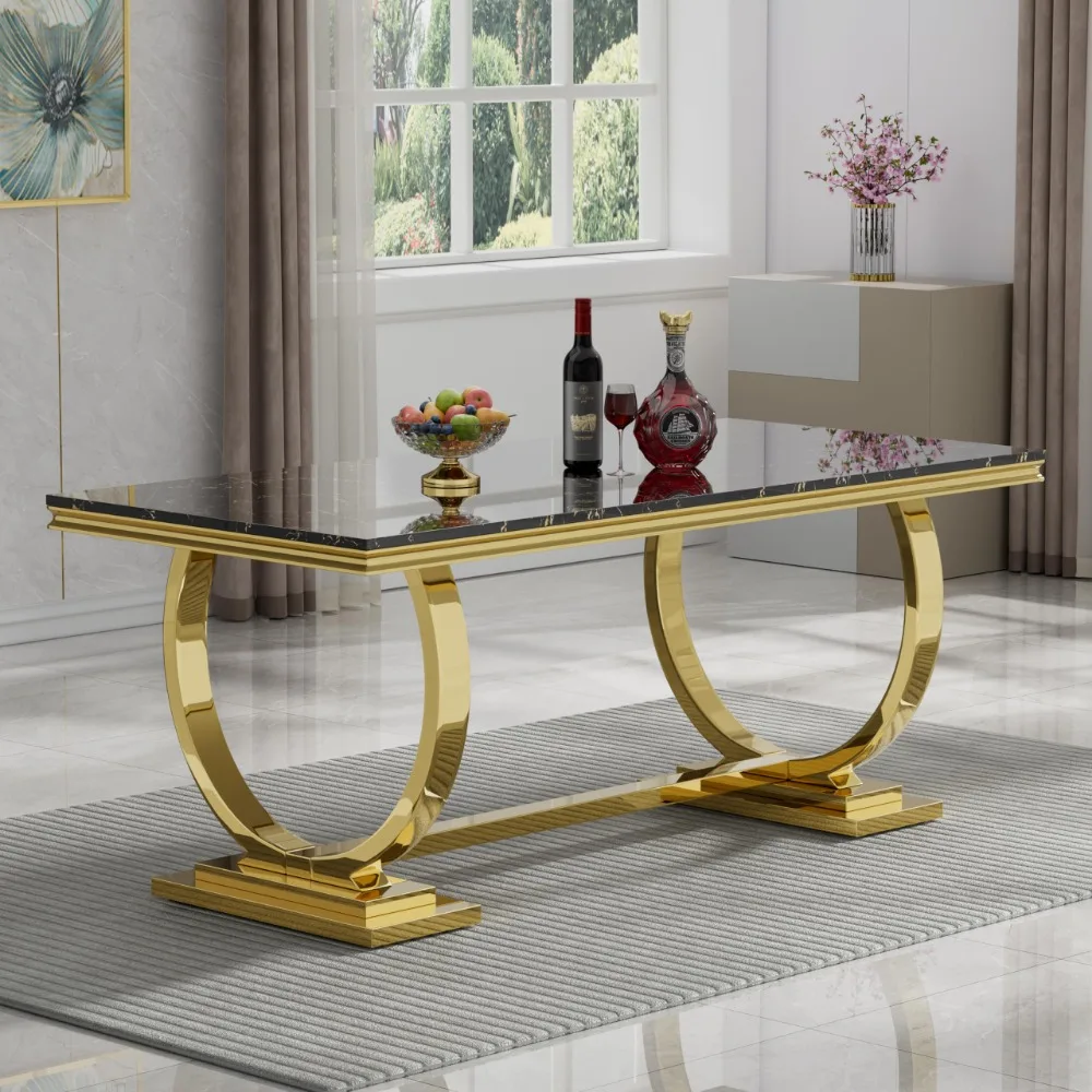 Modern Marble Dining Table, Rectangular Marble Kitchen Table with Double U-Shape Stainless Steel Base with Mirrored Finish