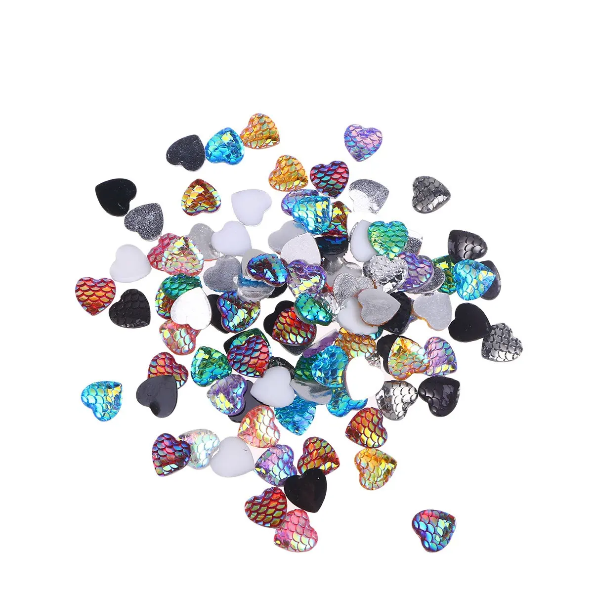 100Pcs Iridescent Resin Mermaid Heart Cabochons 12mm Flat Back DIY Jewelry Accessories for Necklace Bracelet Scrapbooking