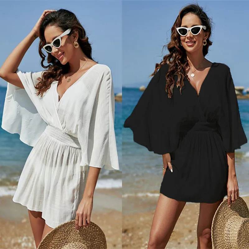 2024 sommer Tunika Strand Cover-up Sexy Bademode Frauen Tiefem V-ausschnitt Urlaub Strand Anzug Bikini Cover-up Frau beachwear Chiffon