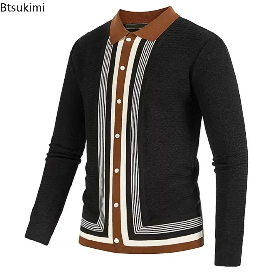 Polo de punto de manga larga con solapa para hombre, ropa de calle, cárdigan con botones, Tops transpirables, primavera y otoño, 2024