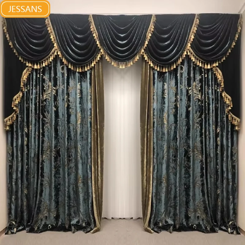 American Retro Green Real Velvet Stamping Jacquard Splicing Curtains for Living Room Bedroom Balcony Villa Customized Products