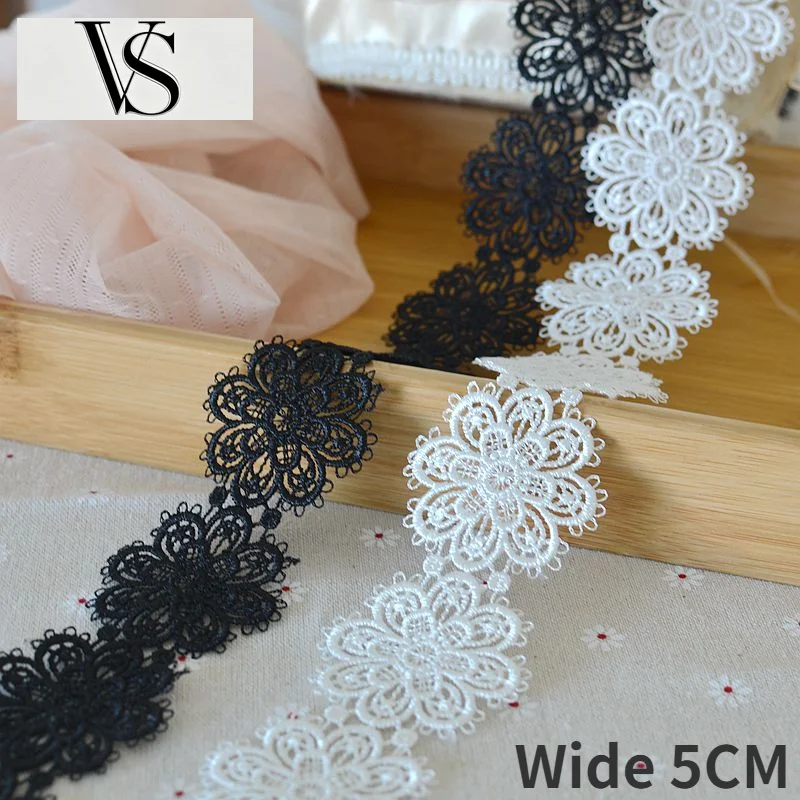 Floral Fabric Lace Fringed Dress Ribbon Apparel Clothing Handmade Sewing Decor 5CM New Wide White Black Cotton Embroidered